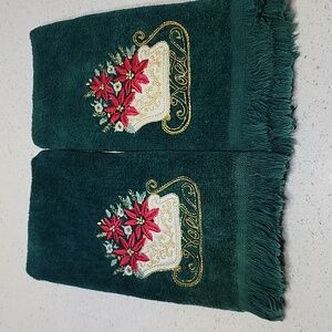 Vintage Green Holiday Hand Towels with Embroidered Sleigh Set Of 2